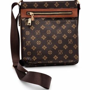 Brown Monogram Crossbody Bag Adjustable Strap Zip Pockets Designer Inspired
